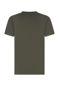 T-shirt à manches courtes vert olive avec un col rond, fabriqué en tissu coton lisse, affichant un design uni et sans embellissements visibles.
