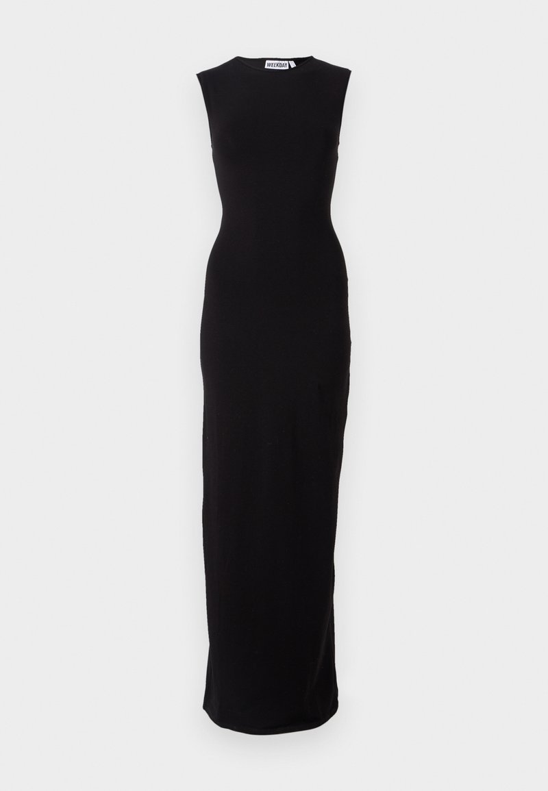 Black sleeveless maxi dress with a fitted silhouette. Made of smooth fabric, it features a round neckline and a straight cut to the hem.