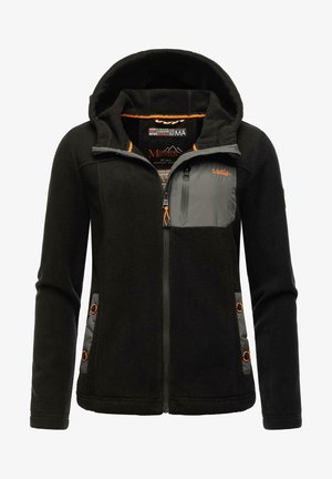 Must musta zip-up jakk, millel on hall rindepocket, oranžid aktsendid ja kapuuts. Jakk sisaldab küljetaskuid, mis on kinnitatud nööpidega.