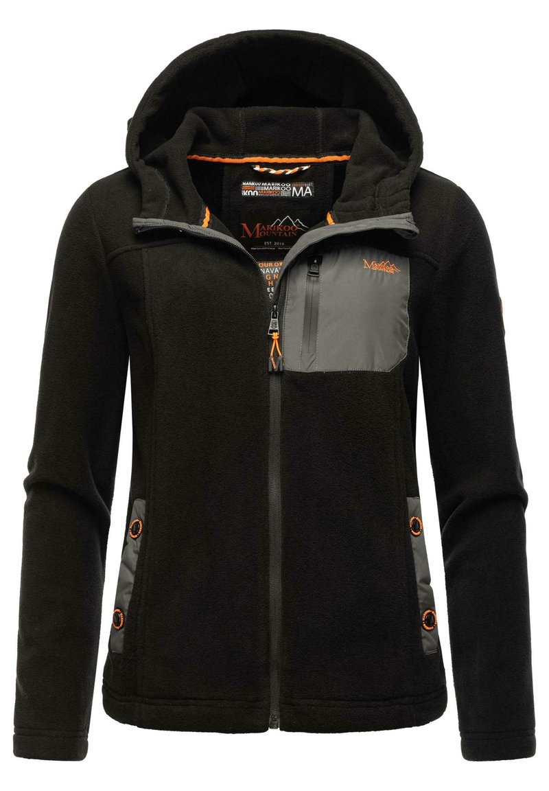 Svart fleece zip-up jacka med grå bröstficka, orange detaljer och en huva. Har sidofickor med knappstängning.