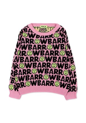 Maglione rosa lavorato a maglia con testo nero "BARROW" e motivi di facce tristi gialle ovunque, polsini a coste e scollo rotondo.