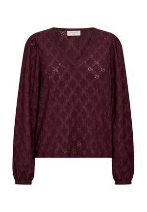 Bordeauxkleurige kanten blouse met lange mouwen, V-hals, subtiel patroon, geplooide schoudernaden en elastische boorden.