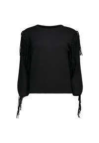 Maglione nero a maniche lunghe con dettagli a frange lungo le spalle e i polsini, caratterizzato da un collo rotondo e orlo a costine.