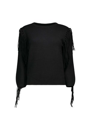 Maglione nero a maniche lunghe con dettagli a frange lungo le spalle e i polsini, caratterizzato da un collo rotondo e orlo a costine.