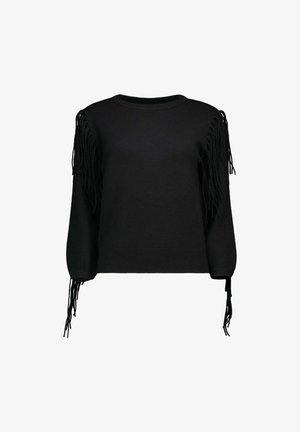 Zwarte lange mouwen trui met franjes langs de schouders en mouwuiteinden, met een ronde halslijn en geribbelde zoom.