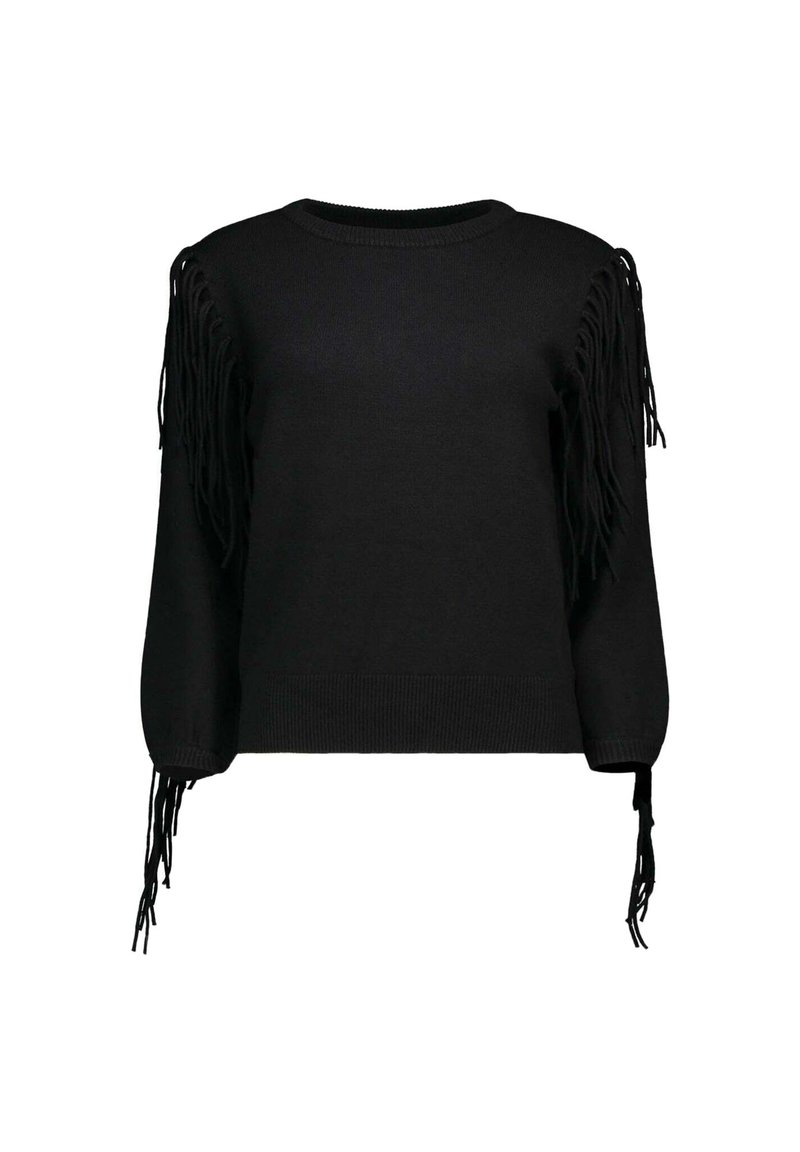 Maglione nero a maniche lunghe con dettagli a frange lungo le spalle e i polsini, caratterizzato da un collo rotondo e orlo a costine.