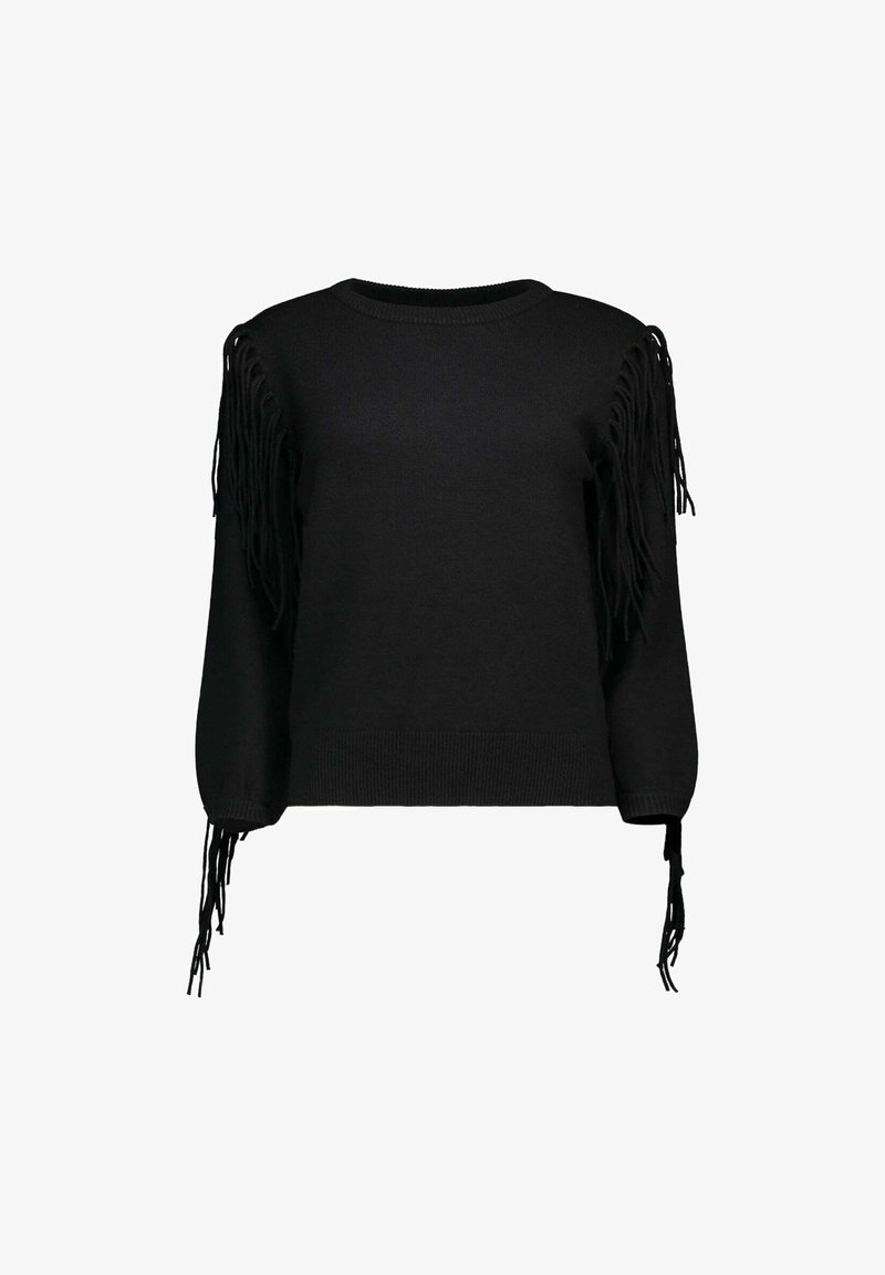 Pull noir à manches longues avec des franges le long des épaules et des poignets, doté d'un col rond et d'un ourlet côtelé.
