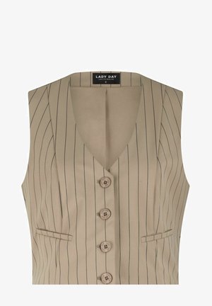Beige mouwloos vest met dunne verticale zwarte strepen, vier knopen aan de voorkant, twee kleine paspelzakken en een "LADY DAY" label binnenin de kraag.