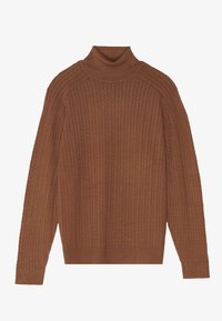 Pull à col roulé en maille torsadée marron avec manches longues, poignets, ourlet et col côtelés, présenté sur un fond blanc.