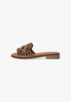 Flat slide sandal with a leopard print upper, leather insole, and small block heel. Features a decorative gold buckle and woven stitching.
