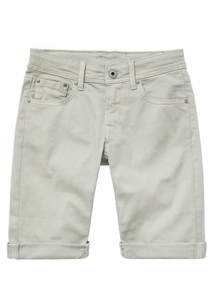 Lysegrå denimshorts med opbuk ved benene, forreste knap, lynlås, bæltestropper og fem lommer.