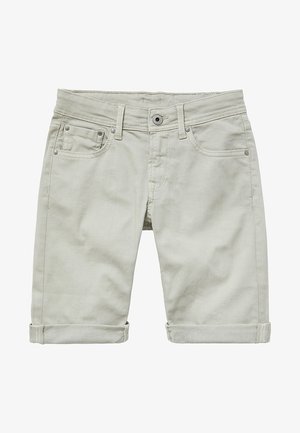 Hellgraue Denim-Shorts mit aufgekrempelten Säumen, vorderlichem Knopf, Reißverschluss, Gürtelschlaufen und fünf Taschen.