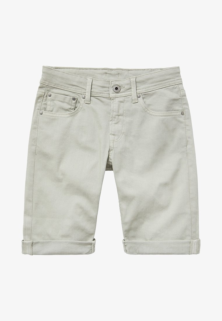 Short en jean gris clair avec revers roulés, bouton à l'avant, fermeture éclair, passants pour ceinture et cinq poches.