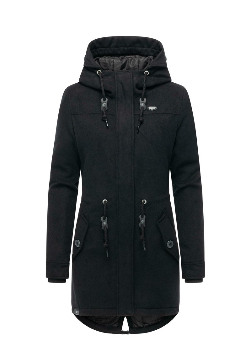 Svart medellång vinterjacka med huva, dragsko, framfickor med knappar och hög krage, utformad för kallt väder.