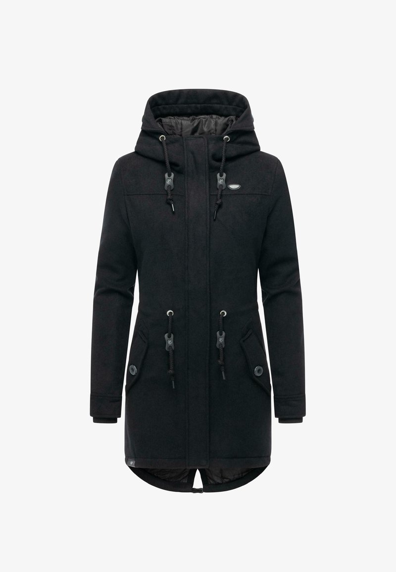 Svart medellång vinterjacka med huva, dragsko, framfickor med knappar och hög krage, utformad för kallt väder.