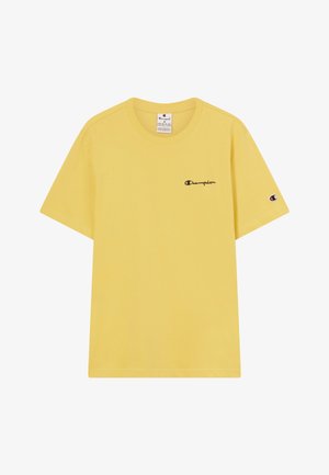 Geel T-shirt met korte mouwen van Champion, met kleine zwarte logotekst op de borst en geborduurd logo op de linker mouw.