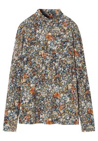 Maglia a maniche lunghe con collo alto e un fitto motivo floreale in arancione, bianco, giallo e blu su uno sfondo scuro.