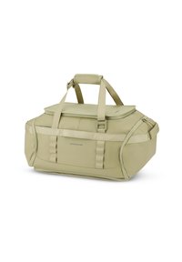 Beige duffelväska med dubbla handtag och avtagbar axelrem; har ett dragkedjeförsett toppfack och sidofickor; tillverkad av slitstarkt tyg.