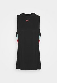 Czarna bezrękawnikowa koszulka sportowa z okrągłym dekoltem. Posiada kontrastujące jasnoniebieskie i czerwone akcenty po bokach. Logo Nike na klatce piersiowej.