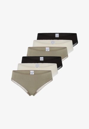 Sechs Damenunterhosen in Schwarz, Weiß und Beige mit Spitzenbesatz und sichtbaren Größenschildern am Taillenbund, angeordnet in überlappenden Reihen.