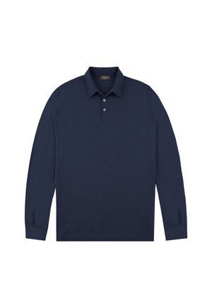 Polo de manga larga en color navy, confeccionado con un tejido texturizado, con cuello, tapeta de tres botones y puños acanalados. Diseño simple y clásico.