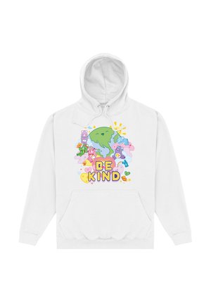 Hvid hættebluse med et farverigt grafisk design, der viser en smilende jordklode, tegneseriefigurer og teksten "VÆR VENLIG" i fed og legesyg skrift.
