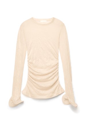Beżowa bluzka z długim rękawem i marszczonym przodem, okrągłym dekoltem oraz lekko rozszerzanymi mankietami, ułożona płasko na białym tle.