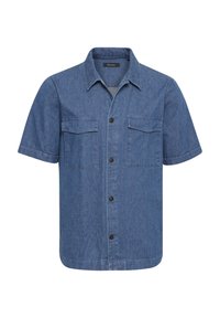 Camicia in denim blu a maniche corte con colletto, chiusura frontale con bottoni, due tasche sul petto e tessuto strutturato. Presenta un orlo dritto e una vestibilità casual.