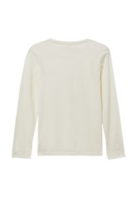 Effen off-white langemouwen shirt weergegeven vanaf de achterkant met een ronde halslijn en eenvoudig, naadloos ontwerp.