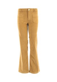 Pantalones acampanados de pana marrón con cintura alta, dos bolsillos frontales y bolsillos traseros. La tela presenta distintivas líneas verticales y una textura suave.