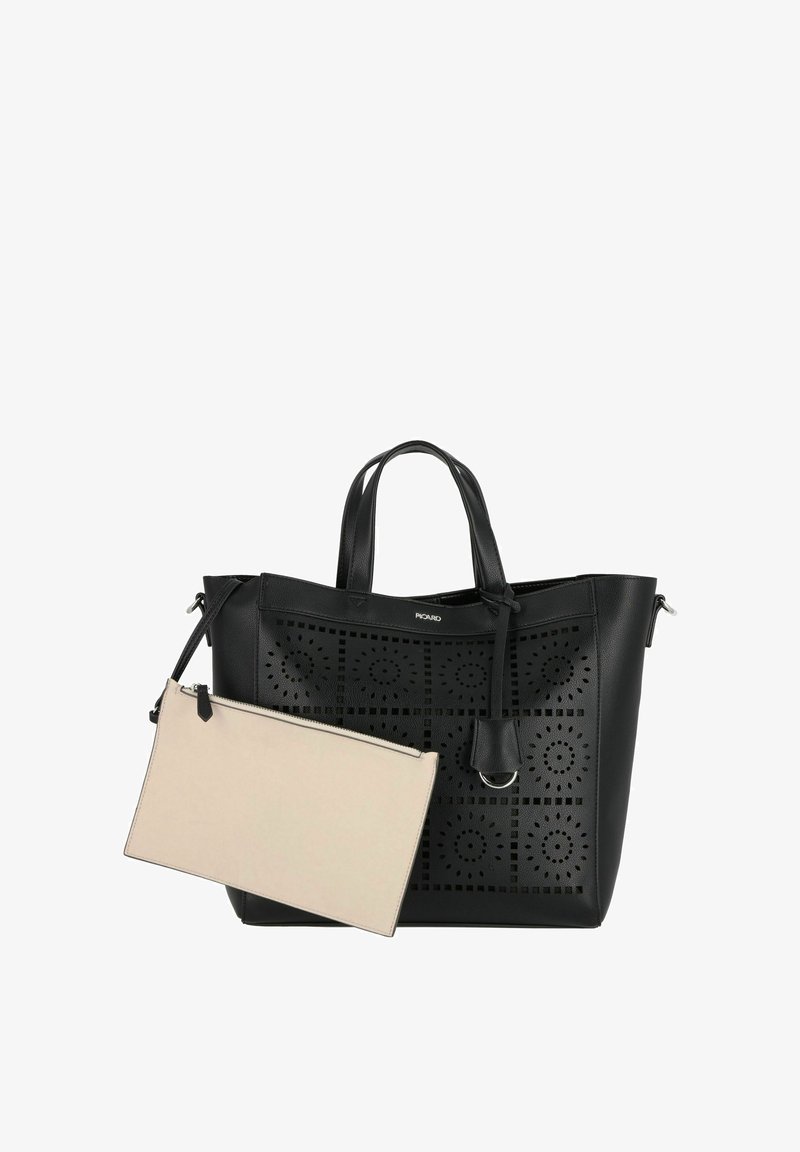 Zwarte leren schoudertas met uitgesneden bloemenpatroon, voorzien van twee handvatten en een afneembare beige pouch met rits.