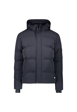 Marineblauwe gewatteerde jas met capuchon, voorzien van rits- en drukknoopsluitingen, twee voorkruiden en ribgebreide manchetten; gladde textuur, warme isolatie.