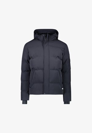 Marineblauwe gewatteerde jas met capuchon, voorzien van rits- en drukknoopsluitingen, twee voorkruiden en ribgebreide manchetten; gladde textuur, warme isolatie.