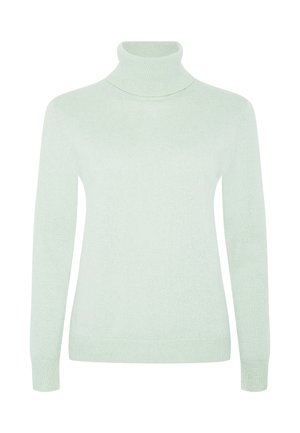 Maglione a collo alto di un verde chiaro realizzato in tessuto morbido. Presenta maniche lunghe, una silhouette aderente e un colletto arrotolato con orlo a coste.