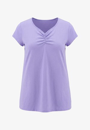 Top da donna a maniche corte color lavanda con scollo a V e dettaglio arricciato al centro davanti, realizzato in tessuto morbido e leggero.