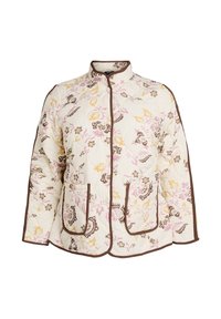 Roomkleurig gewatteerd jack met een bloemenpatroon in roze, geel en bruin, bruine afwerking, opstaande kraag en twee opgestikte zakken aan de voorkant.