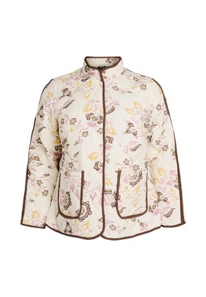Krämfärgad vadderad jacka med rosa, gula och bruna blommönster, bruna kanter, upprättstående krage och två framfickor med lappar.