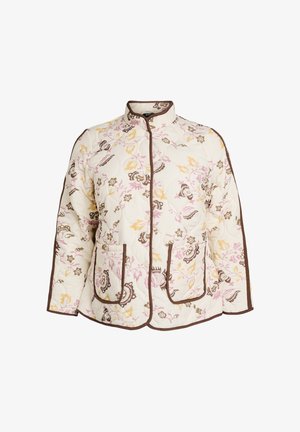 Krämfärgad vadderad jacka med rosa, gula och bruna blommönster, bruna kanter, upprättstående krage och två framfickor med lappar.