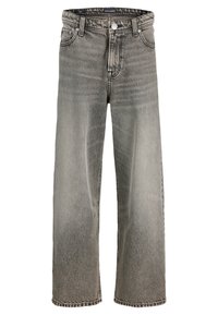 Grijze versleten wijde denimbroek met vijf zakken en knoopsluiting.