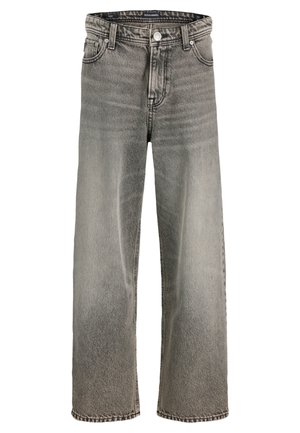 Grijze versleten wijde denimbroek met vijf zakken en knoopsluiting.