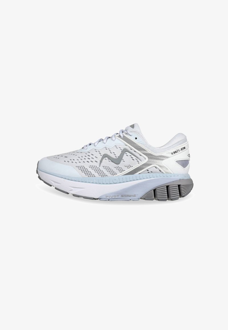 Lightweight running shoe in white and grey, featuring a breathable mesh upper, cushioned midsole, and textured rubber outsole for traction.