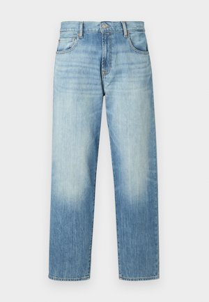 Heledad sinine teksapüksid sirge säärega, millel on õrn pleekimine, viis taskut ja nööbipidamine. Keskmise kõrgusega talje.