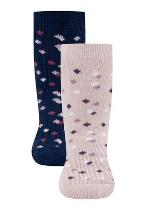 Two pairs of knee-high socks, one navy blue and one light pink, both with scattered small diamond patterns in various colors.