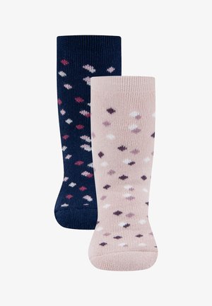 Two pairs of knee-high socks, one navy blue and one light pink, both with scattered small diamond patterns in various colors.