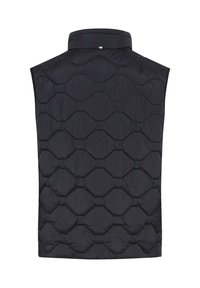 Schwarze Daunenweste mit einem gesteppten hexagonalen Muster, hoher Kragen und ärmelloses Design. Glatte Textur und leichtes Material.