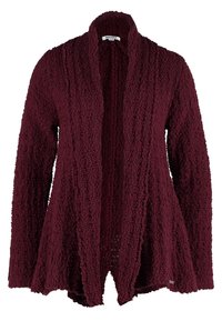 Maroon cardigan gemaakt van een textuurstof met een open voorkant, lange mouwen en een ontspannen pasvorm, voorzien van een label aan de onderzijde.