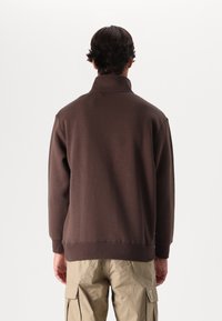 Brown pullover sweatshirt with high collar, made from cotton blend, features ribbed cuffs and hem. Worn with beige cargo pants.