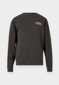 Dark gray sweatshirt with a ribbed crew neck and cuffs. Features embroidered multicolored logo on the upper back. Soft, textured fabric.