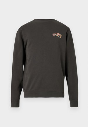 Dark gray sweatshirt with a ribbed crew neck and cuffs. Features embroidered multicolored logo on the upper back. Soft, textured fabric.
