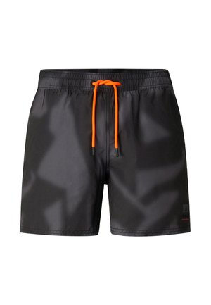Sorte badeshorts med elastisk talje og knaldorange snøre foran.